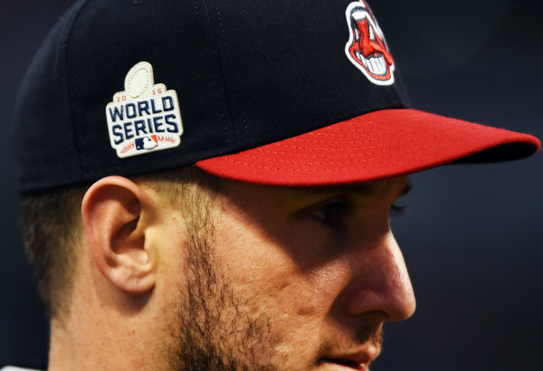 Oct 24, 2016; Cleveland, OH, USA; World Series logo on the hat of Cleveland Indians catcher Yan Gomes (10) during work out day prior to the start of the 2016 World Series at Progressive Field. Mandatory Credit: Ken Blaze-USA TODAY Sports